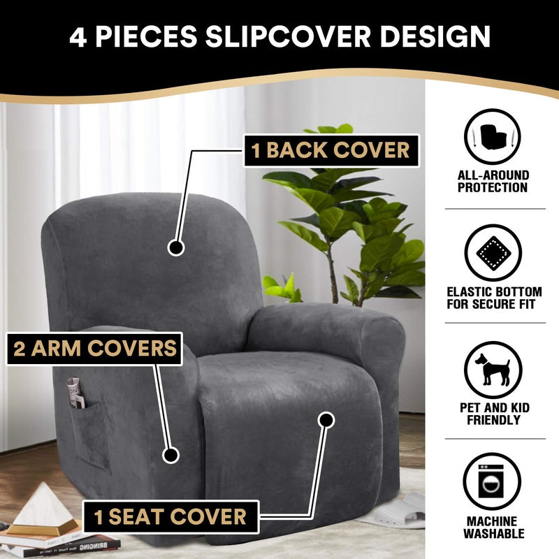 PrinceDeco Velvet Recliner Couch Covers - 4-Piece Set, Non-Slip, Thick & Soft, Grey - Image 2